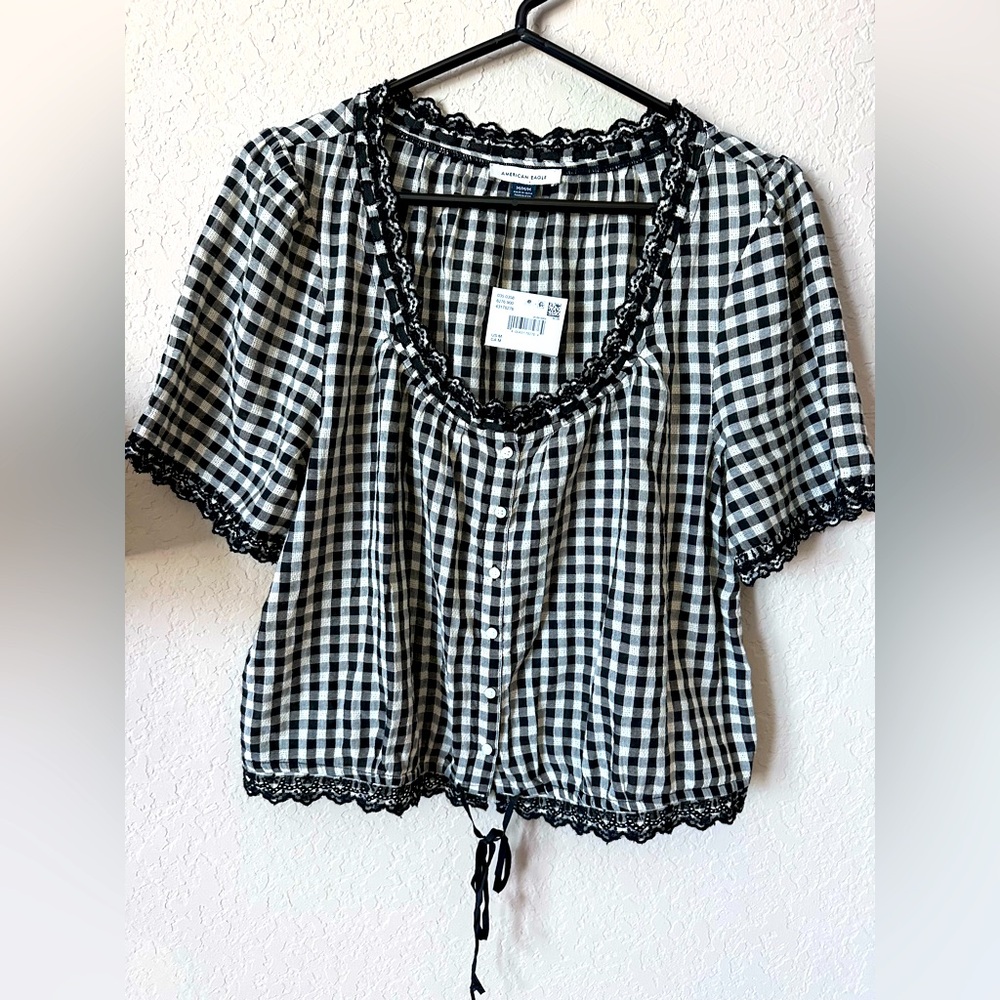 NWT AE Short-Sleeve Gingham Button-Up Blouse
